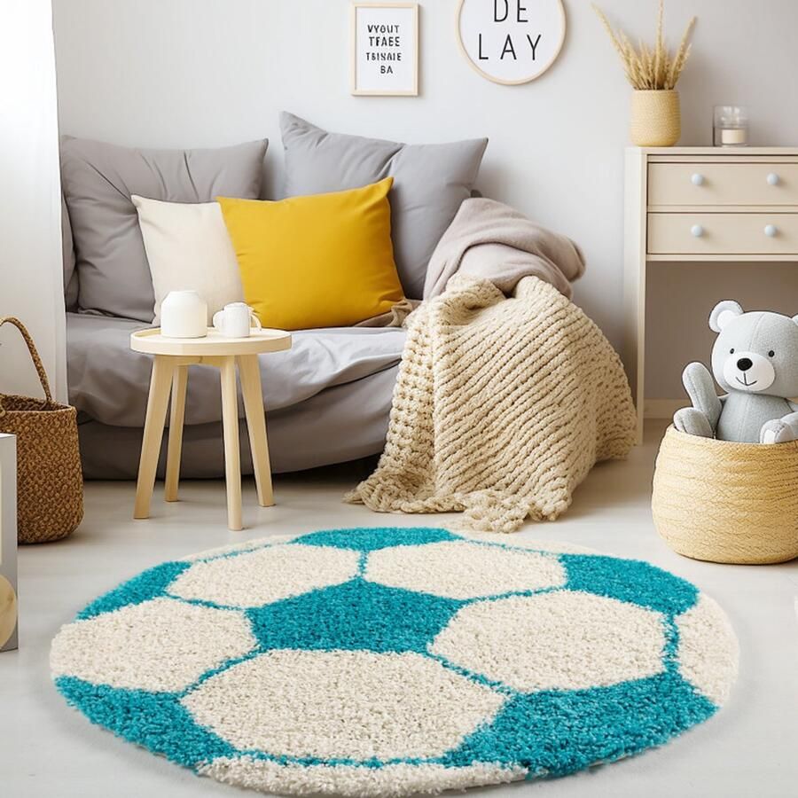 Muratap Tapijtenloods Fun Voetbal Kinderkamer Rond Vloerkleed Hoogpolig Turquoise Wit- 100 CM ROND