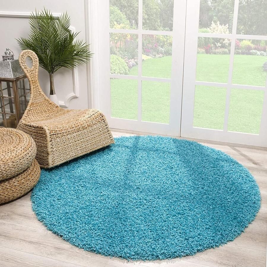 Muratap Tapijtenloods Loca Shaggy Vloerkleed Turquoise Hoogpolig Effen Tapijt Woonkamer Slaapkamer 300 CM ROND
