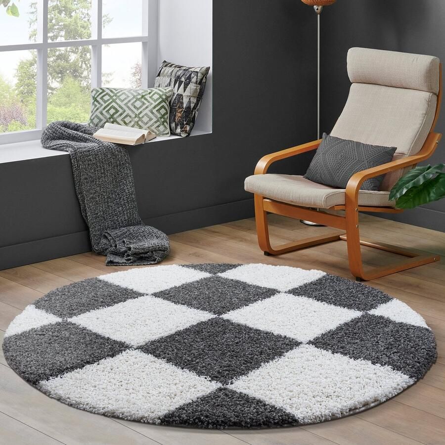 Muratap Tapijtenloods Milano Geblokt Hoogpolig Rond Vloerkleed Modern Creme Grijs- 200 CM ROND