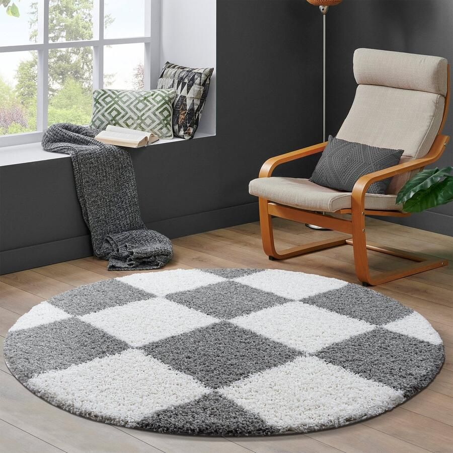 Muratap Tapijtenloods Milano Geblokt Hoogpolig Rond Vloerkleed Modern Lichtgrijs Creme- 150 CM ROND