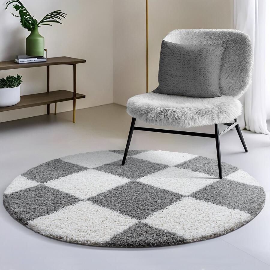 Muratap Tapijtenloods Milano Geblokt Hoogpolig Rond Vloerkleed Modern Lichtgrijs Creme- 150 CM ROND - Foto 2