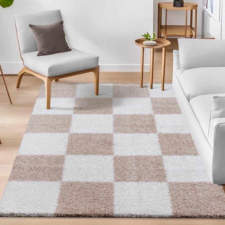 Muratap Tapijtenloods Milano Geblokt Hoogpolig Vloerkleed Beige Creme 120x170 CM Modern Tapijt