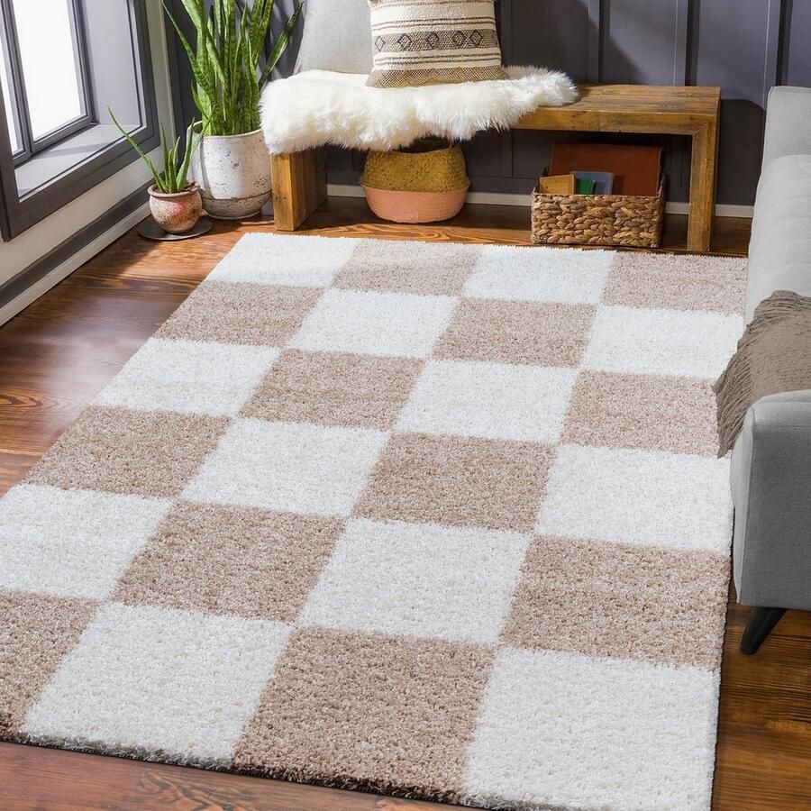 Muratap Tapijtenloods Milano Geblokt Hoogpolig Vloerkleed Beige Creme 120x170 CM Modern Tapijt
