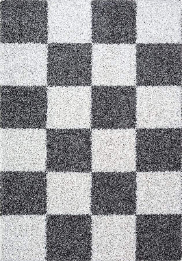 Muratap Tapijtenloods Milano Geblokt Hoogpolig Vloerkleed Creme Grijs 200x290 CM Modern Tapijt