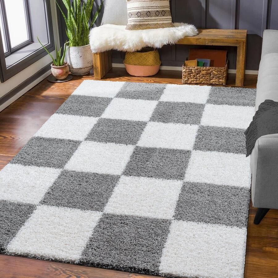 Muratap Tapijtenloods Milano Geblokt Hoogpolig Vloerkleed Lichtgrijs Creme 80x150 CM Modern Tapijt