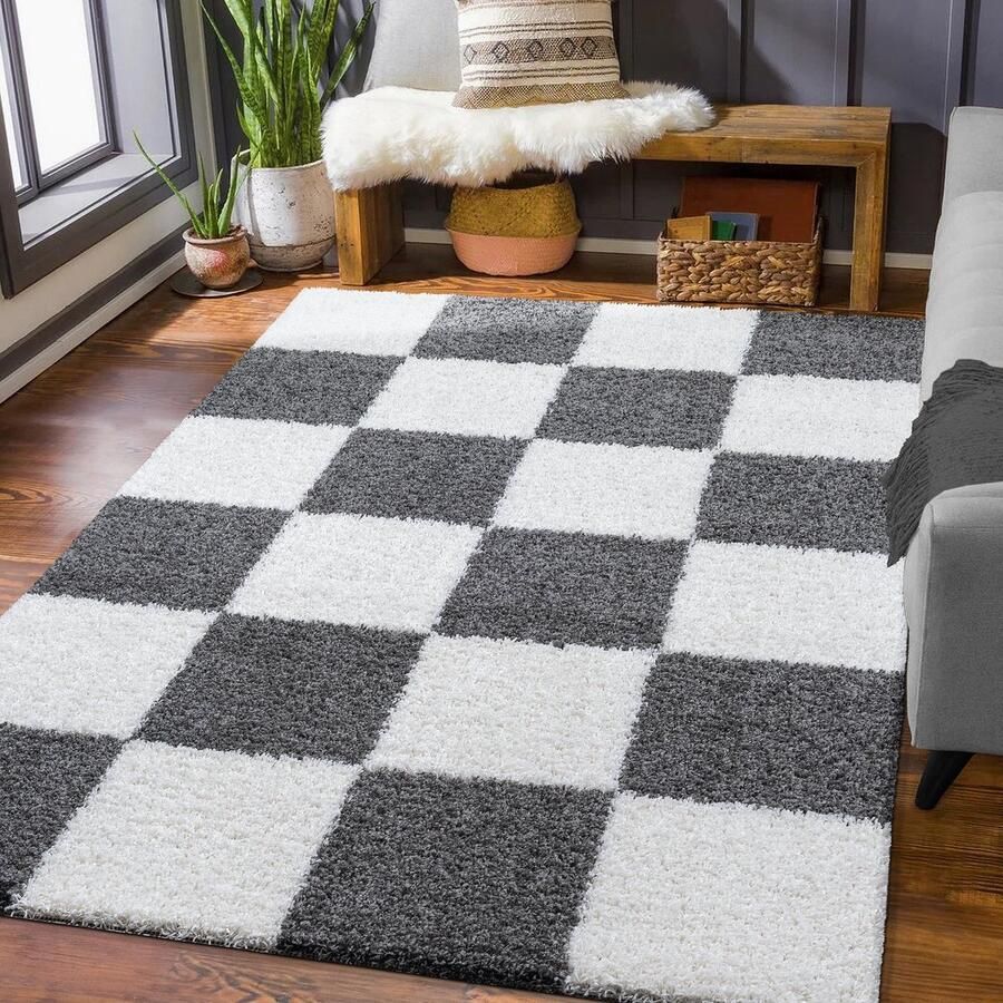 Muratap Tapijtenloods Milano Geblokt Hoogpolig Vloerkleed Creme Grijs 120x170 CM Modern Tapijt