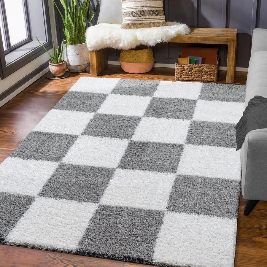 Muratap Tapijtenloods Milano Geblokt Hoogpolig Vloerkleed Lichtgrijs Creme 80x200 CM Modern Tapijt