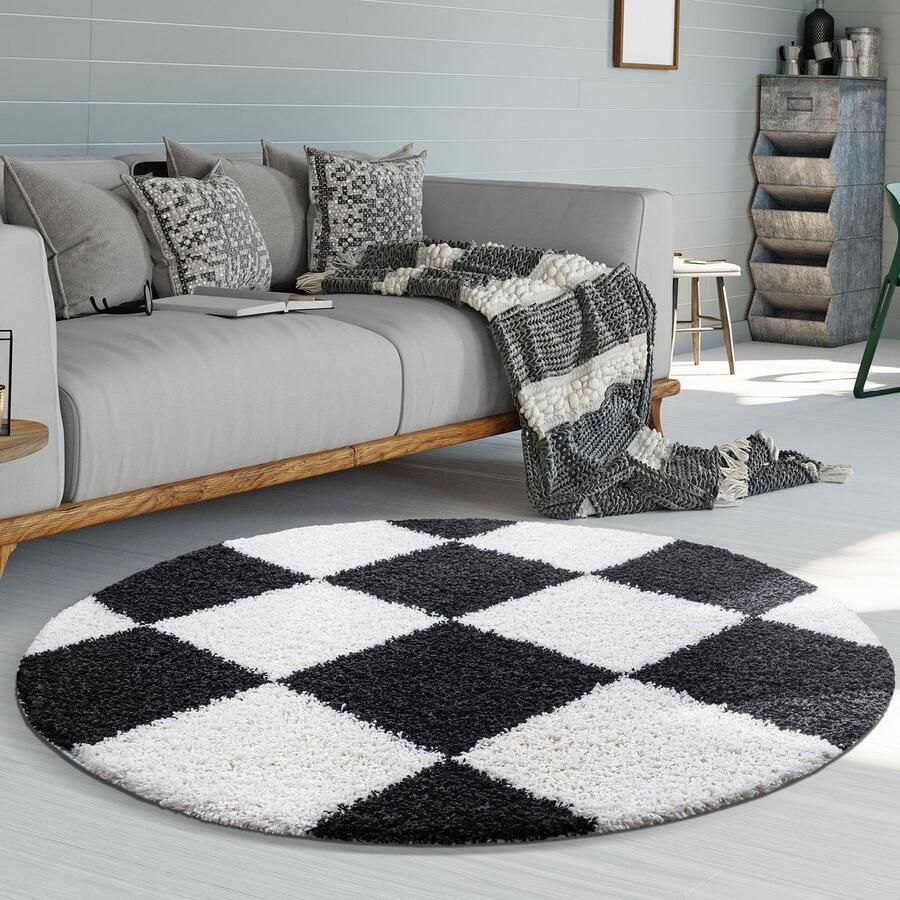 Muratap Tapijtenloods Milano Geblokt Hoogpolig Rond Vloerkleed Modern Zwart Creme- 150 CM ROND