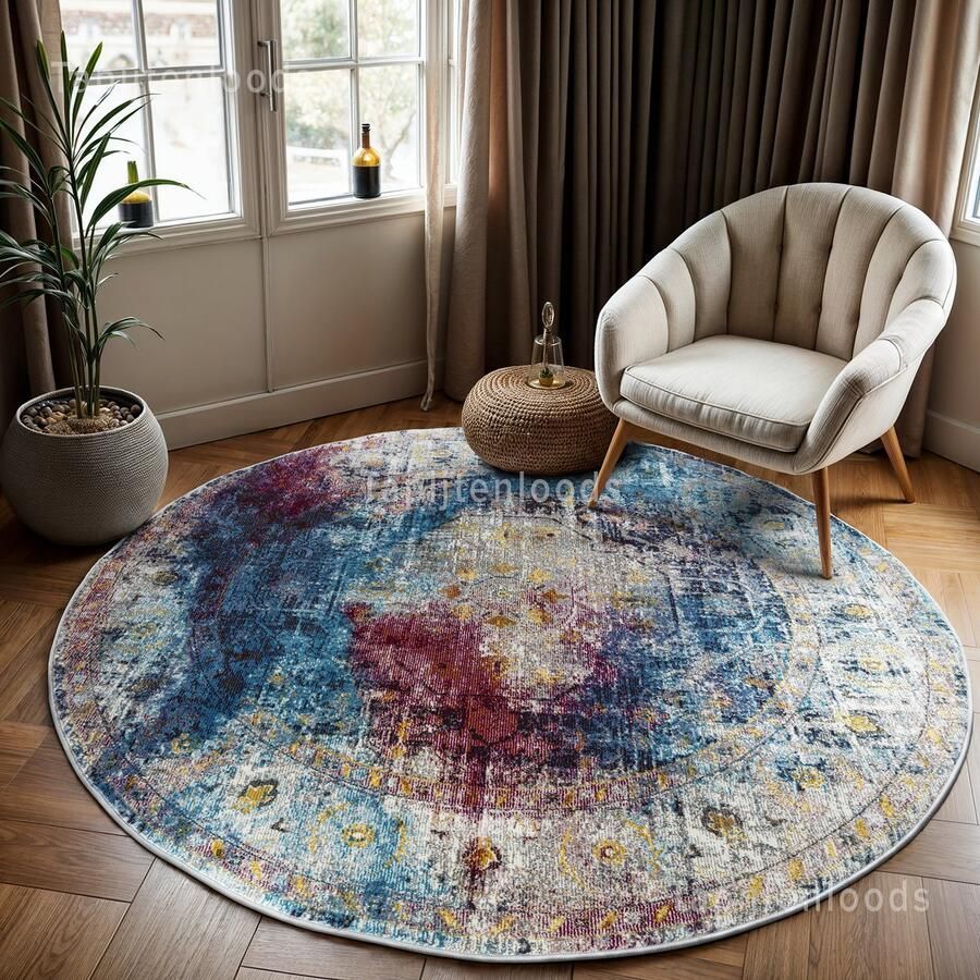 Muratap Tapijtenloods Picasso Heriz Vintage Rond Vloerkleed Multi Blauw Laagpolig- 350 CM ROND