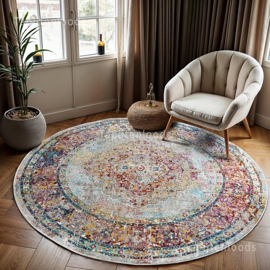 Muratap Tapijtenloods Picasso Keshan Vintage Rond Vloerkleed Multi Beige Laagpolig- 300 CM ROND