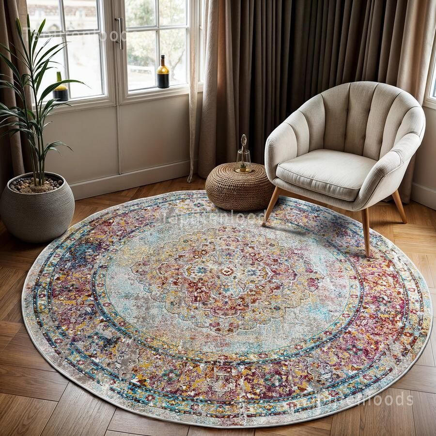 Muratap Tapijtenloods Picasso Keshan Vintage Rond Vloerkleed Multi Beige Laagpolig- 350 CM ROND