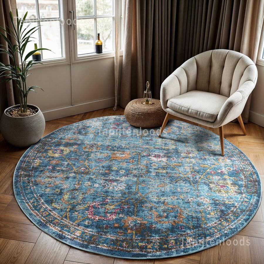 Muratap Tapijtenloods Picasso Sarough Vintage Rond Vloerkleed Blauw Laagpolig- 300 CM ROND