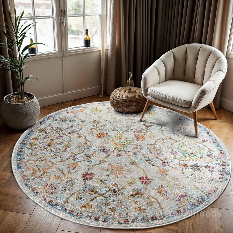 Muratap Tapijtenloods Picasso Sarough Vintage Rond Vloerkleed Creme Beige Laagpolig- 240 CM ROND