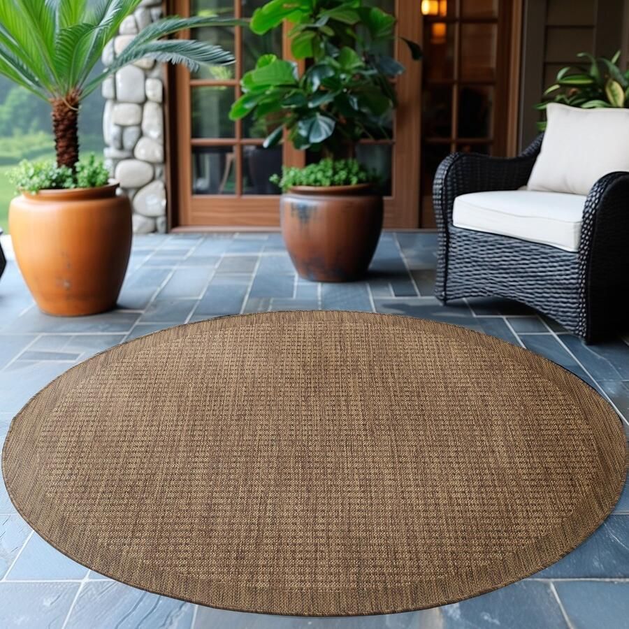 Muratap Tapijtenloods Solid Binnen en Buiten Rond Vloerkleed Indoor & Outdoor Laagpolig Effen Bruin Beige- 160 CM ROND