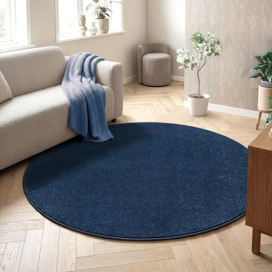 Muratap Tapijtenloods Uni Rond Effen Laagpolig Vloerkleed Modern Donker Blauw Navy- 200 CM ROND - Foto 2