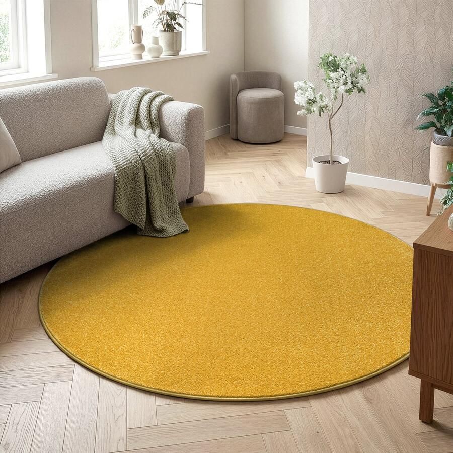 Muratap Tapijtenloods Uni Rond Effen Laagpolig Vloerkleed Modern Geel- 120 CM ROND - Foto 2