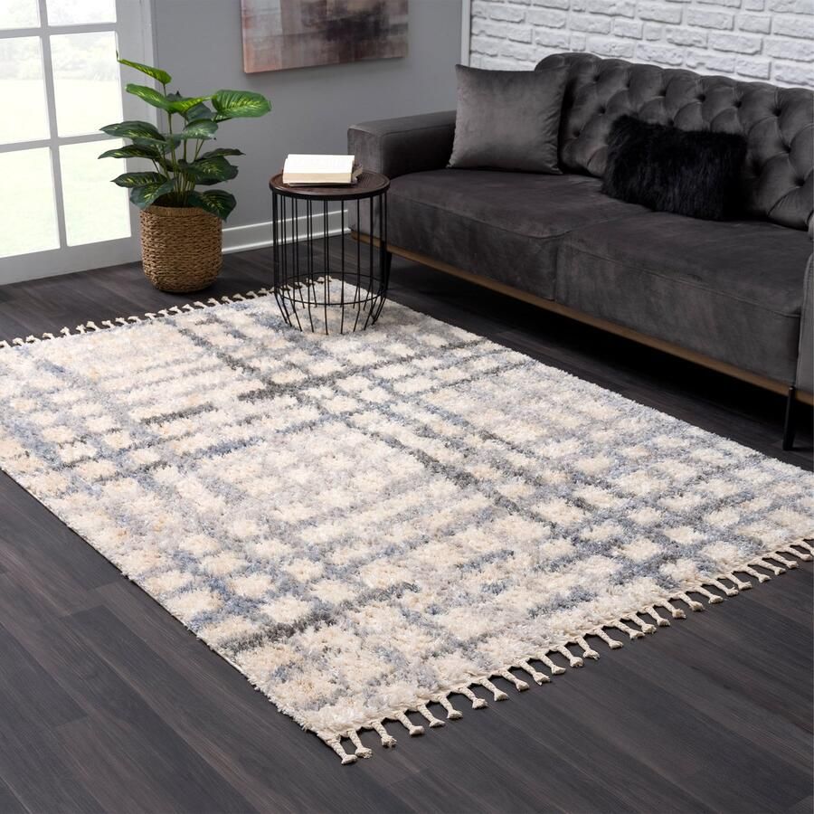 Muratap Versay Hoogpolig Vloerkleed Geruit Design Creme Grijs Franjes- 120x170 CM