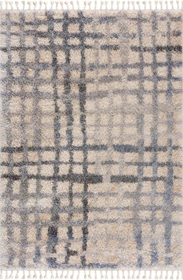 Muratap Versay Hoogpolig Vloerkleed Geruit Design Creme Grijs Franjes- 80x150 CM