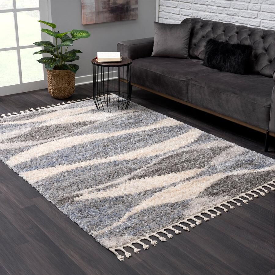 Muratap Versay Hoogpolig Vloerkleed Golvend Design Grijs Beige Franjes- 200x290 CM