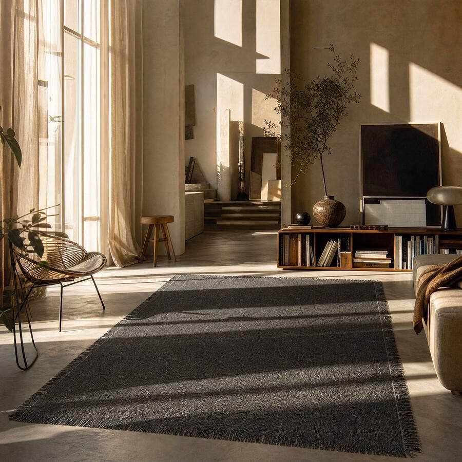Muratap Outlet Vloerkleed Flocus 100% Wol Effen Antraciet Platgeweven Modern- 190x290 CM - Foto 2