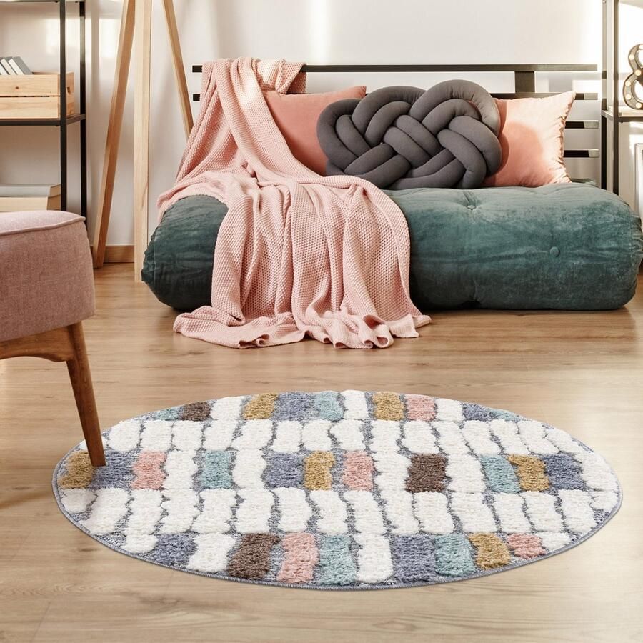 Muratap Vloerkleed Focus Patty Rond Hoogpolig Fluffy Scandinavisch Multikleur Creme- 160 CM ROND
