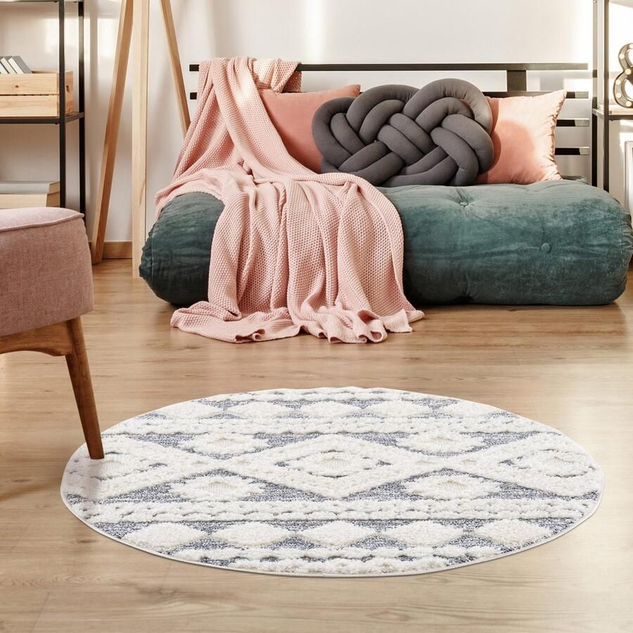Muratap Vloerkleed Focus Style Rond Hoogpolig Fluffy Scandinavisch Grijs Creme- 200 CM ROND