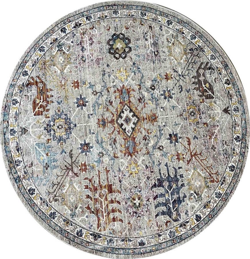 Muratap Picasso Sarough Rond Vloerkleed Vintage Tapijt Woonkamer Multi Grijs- 200 CM ROND