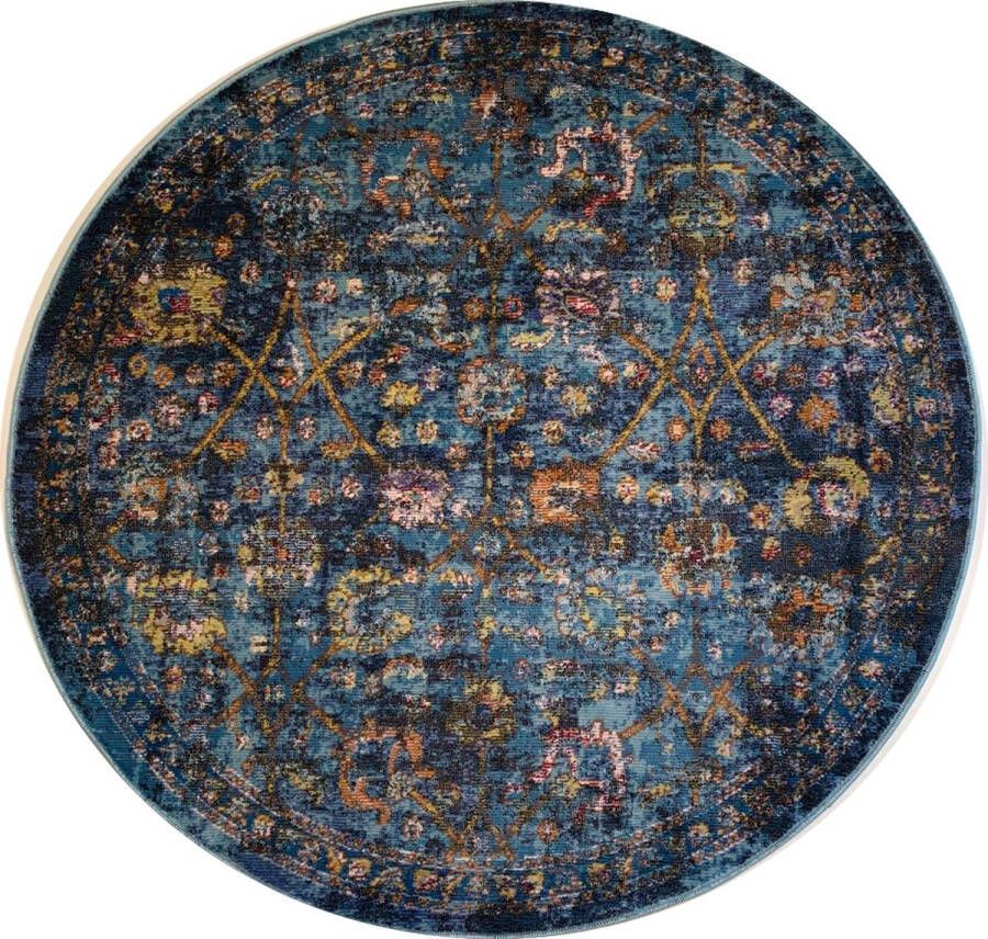 Muratap Picasso Sarough Vintage Vloerkleed Laagpolig Tapijten Woonkamer Blauw 200 CM ROND