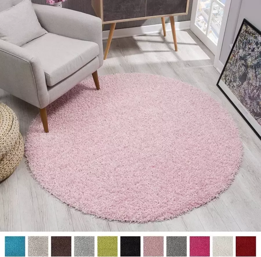 Muratap Shaggy Hoogpolig Rond vloerkleed Licht Roze Effen Tapijt Carpet 120 x 120 cm