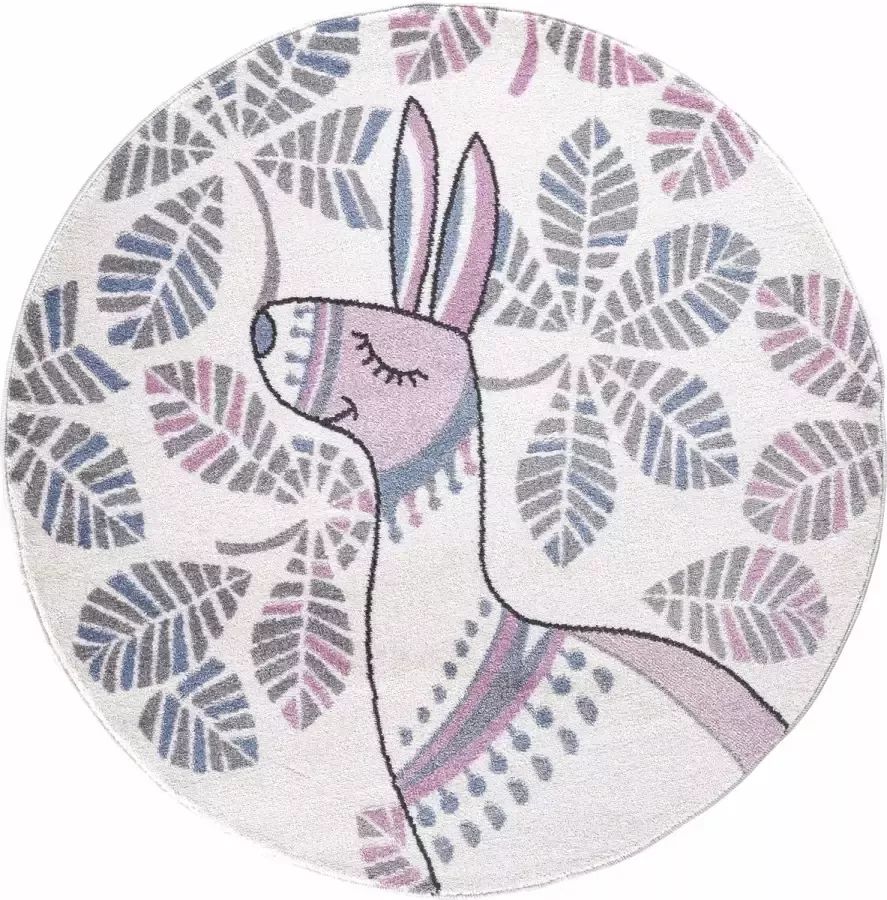 Muratap Tapijtenloods Candy Alpaca Rond Vloerkleed Kinderkamer Wit Roze Laagpolig 120 CM ROND