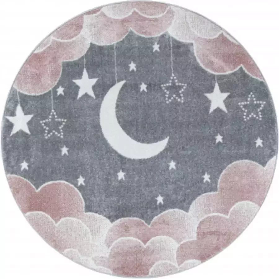 Muratap Tapijtenloods Dreams Rond Laagpolig Baby Kinderkamer Vloerkleed Roze Grijs 120 CM ROND