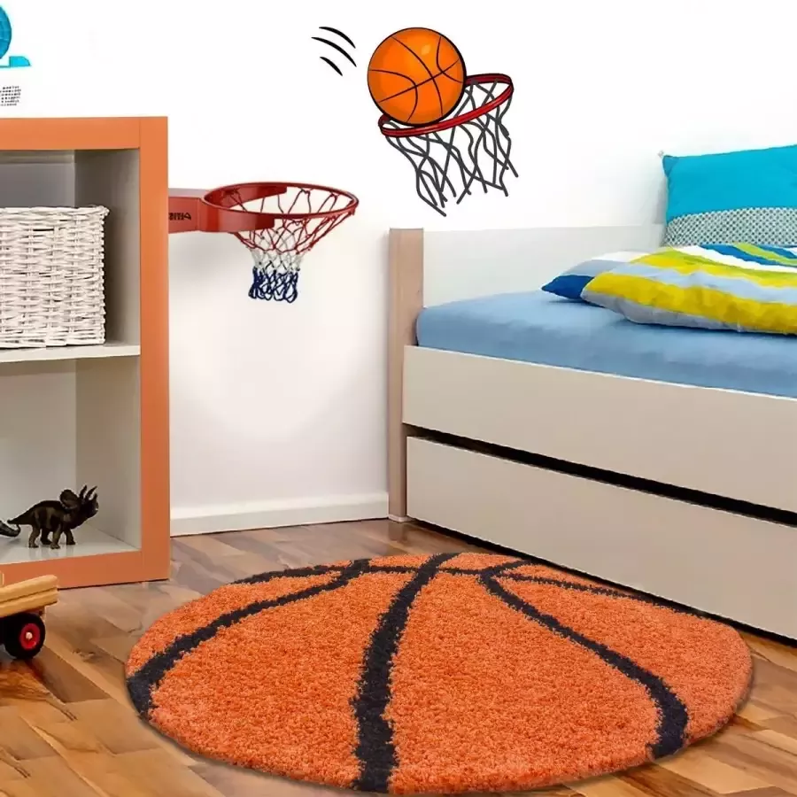 Muratap Tapijtenloods Fun Basketbal Kinderkamer Rond Vloerkleed Hoogpolig Oranje- 120 CM ROND