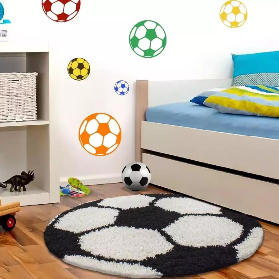 Muratap Fun Voetbal Vloerkleed Kinderkamer Hoogpolig Speeltapijt Zwart Wit 100 CM ROND 100 CM ROND - Foto 2