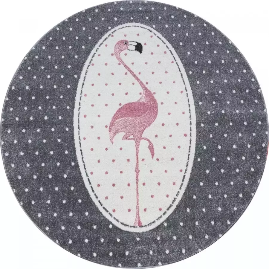 Muratap Tapijtenloods Kids Flamingo Rond Vloerkleed Kinderkamer Grijs Laagpolig- 160 CM ROND