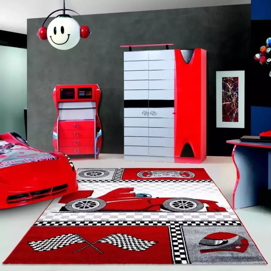 Muratap Tapijtenloods Kids Formule 1 Vloerkleed Kinderkamer Rood Grijs Laagpolig- 120x170 CM