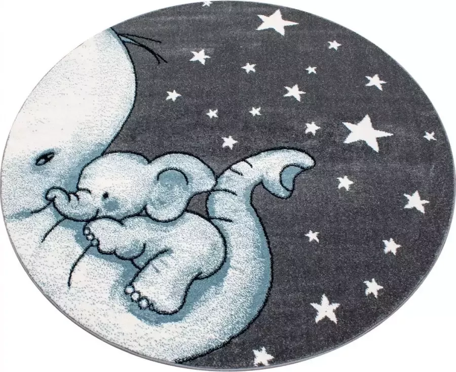 Muratap Tapijtenloods Kids Olifant Rond Vloerkleed Kinderkamer Blauw Grijs Laagpolig- 160 CM ROND