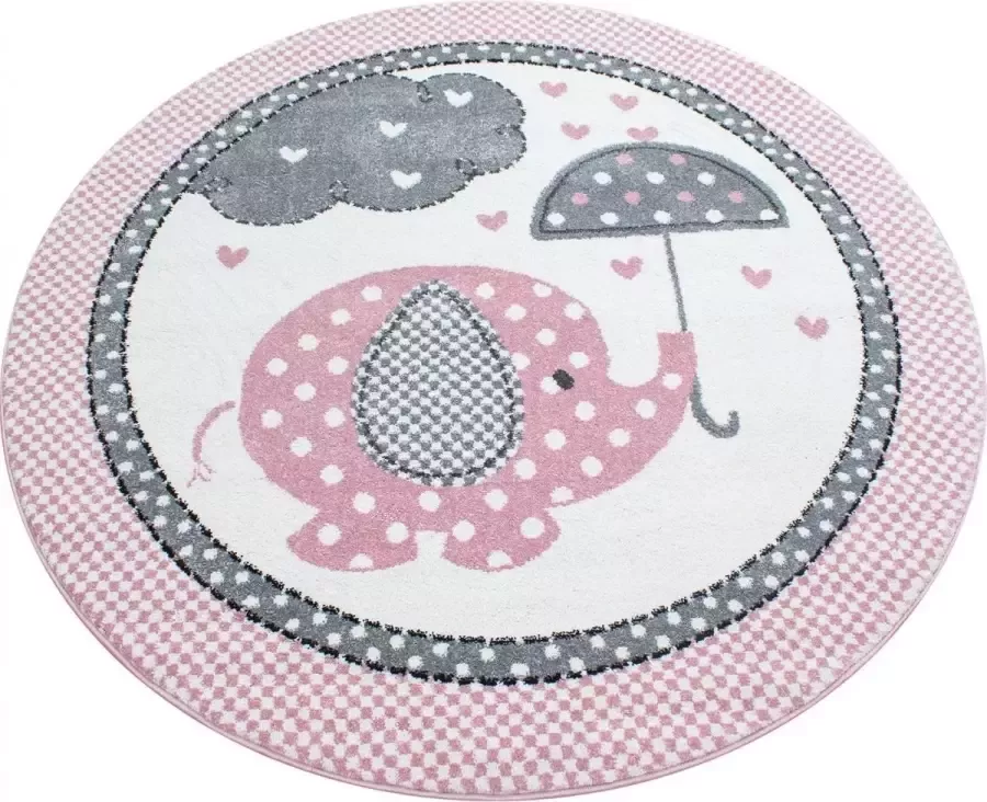 Muratap Tapijtenloods Kids Olifant Rond Vloerkleed Kinderkamer Roze Wit Laagpolig- 120 CM ROND