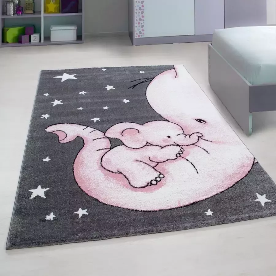 Muratap Tapijtenloods Kids Olifant Vloerkleed Kinderkamer Roze Grijs Laagpolig- 160x230 CM