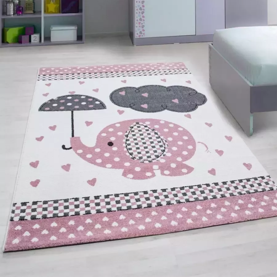 Muratap Tapijtenloods Kids Olifant Vloerkleed Kinderkamer Roze Wit Laagpolig- 120x170 CM