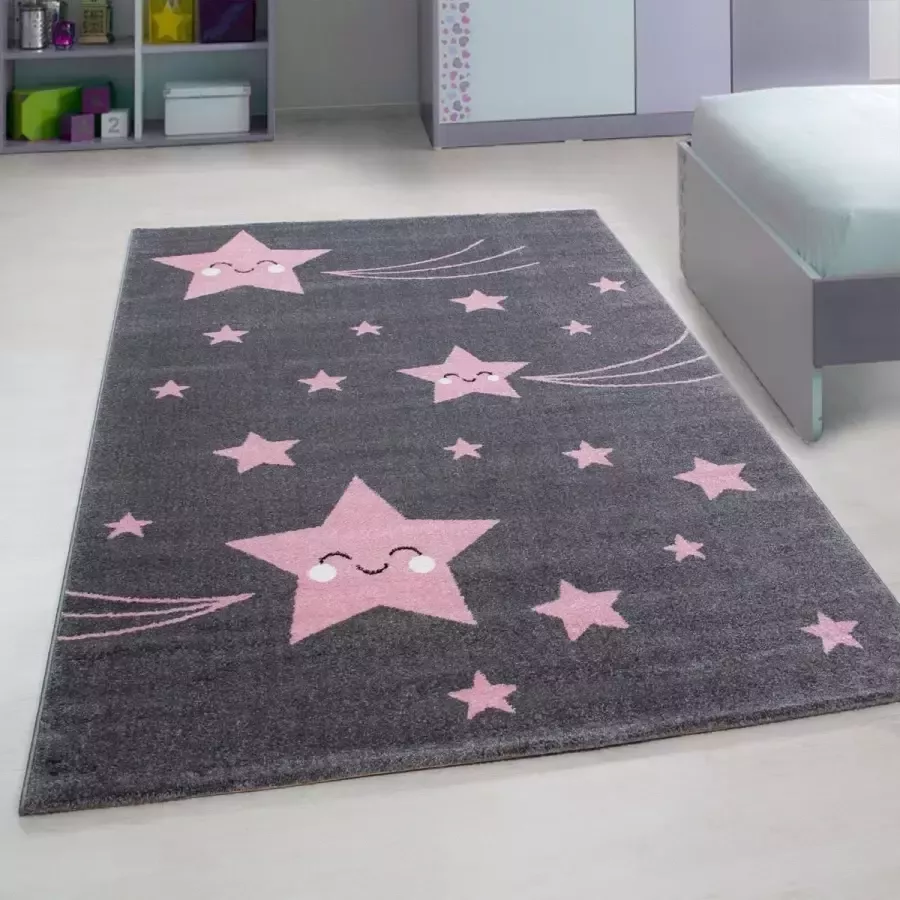 Muratap Tapijtenloods Kids Sterren Vloerkleed Kinderkamer Roze Grijs Laagpolig- 160x230 CM