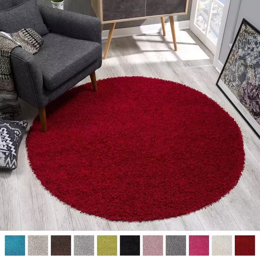 Muratap Shaggy Hoogpolig Rond vloerkleed Rood Effen Tapijt Carpet 150 x 150 cm