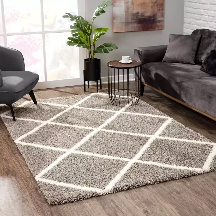 Muratap Hoogpolig Grijs Vloerkleed – Madrid Ruit Shaggy Tapijt – Fluffy & Luxe- 140x200 CM - Foto 3