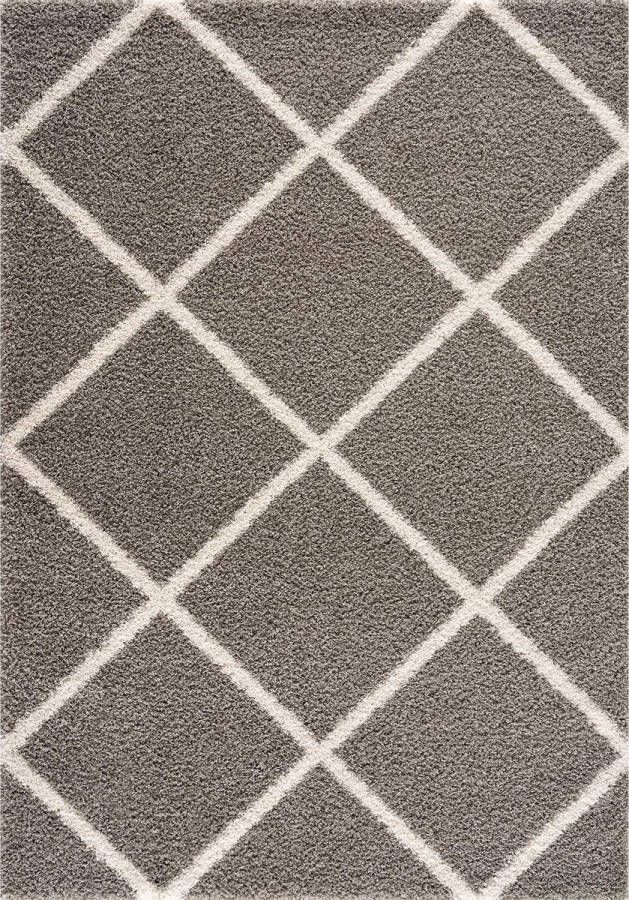 Muratap Hoogpolig Grijs Vloerkleed – Madrid Ruit Shaggy Tapijt – Fluffy & Luxe- 140x200 CM - Foto 2