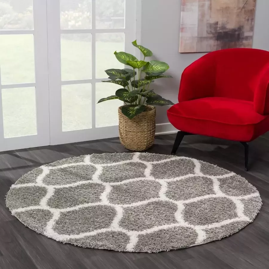 Muratap Hoogpolig Grijs Rond Vloerkleed – Madrid Ruit Shaggy Tapijt – Fluffy & Luxe- 120 CM ROND
