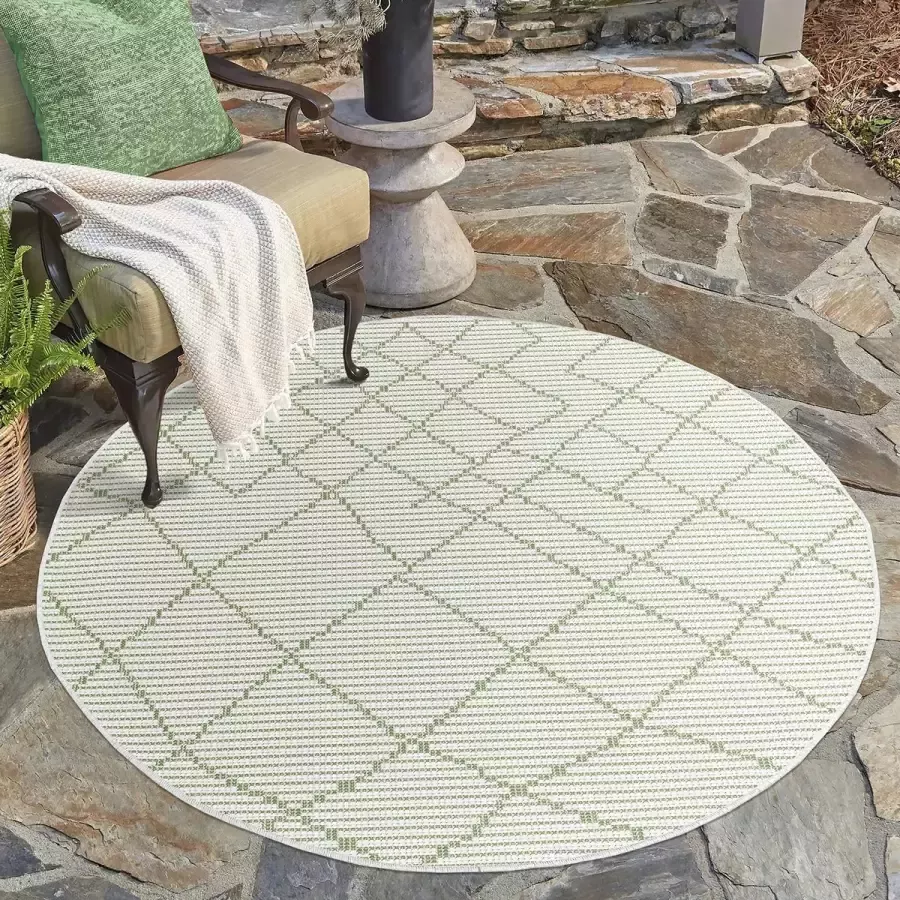 Muratap Tapijtenloods Palm Binnen en Buiten Vloerkleed Tapijt Laagpolig Creme Groen 200 CM ROND