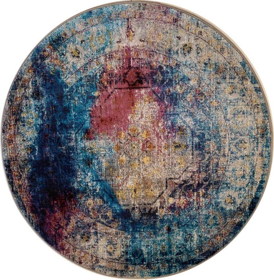 Muratap Tapijtenloods Picasso Heriz Vintage Rond Vloerkleed Multi Blauw Laagpolig