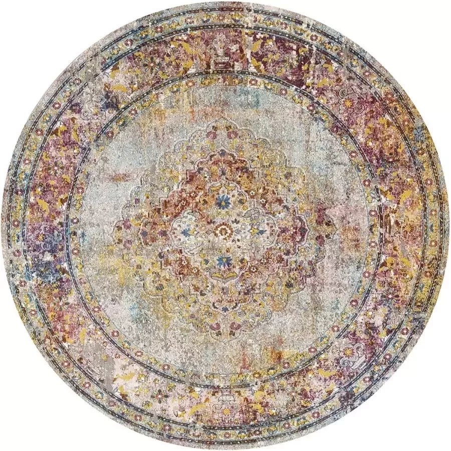 Muratap Tapijtenloods Picasso Keshan Vintage Rond Vloerkleed Multi Beige Laagpolig- 200 CM ROND - Foto 2