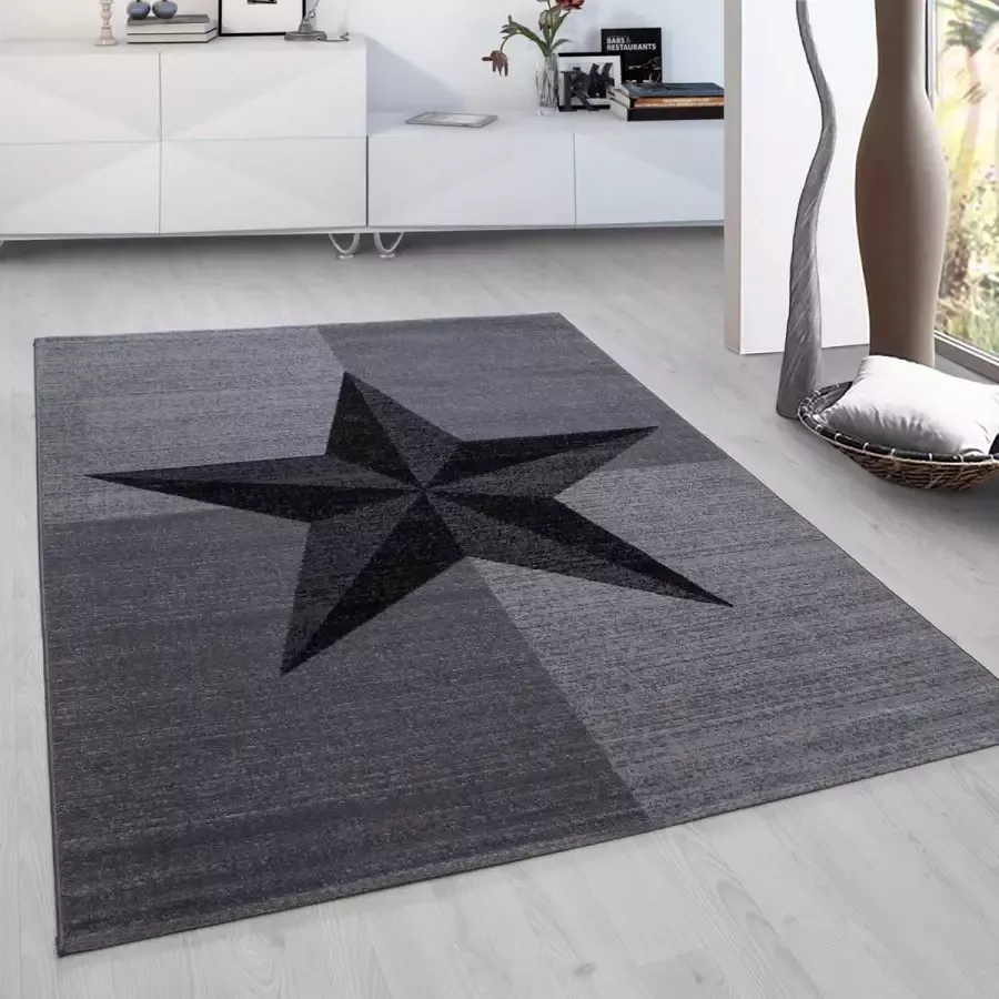 Muratap Plus Vloerkleed Star Laagpolig Tapijt Woonkamer Grijs Zwart- 160x230 CM