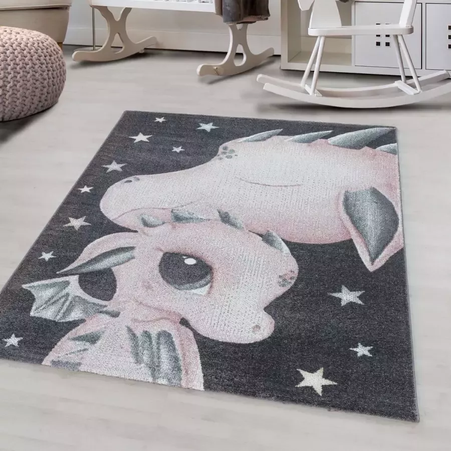 Muratap Tapijtenloods Sandy Laagpolig Baby Kinderkamer Vloerkleed Grijs Roze 120x170 CM