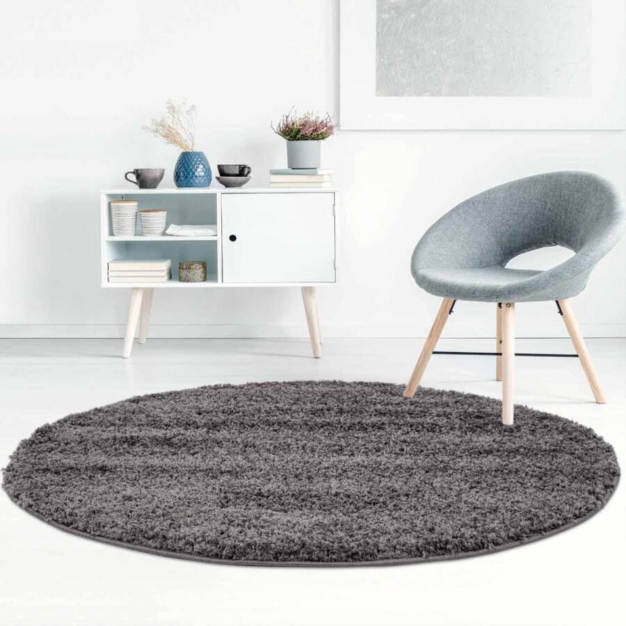 Muratap Tapijtenloods Shaggy Hoogpolig Vloerkleed Effen Grijs Rond 80 CM ROND